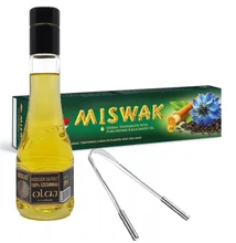 Szájtisztító ajurvédikus csomag (Solio szezámolaj, 200 ml, Dabur fogkrém Miswak feketeköménnyel, fluoridmentes 72g, Nyelvkaparó)