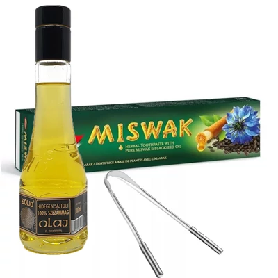 Szájtisztító ajurvédikus csomag (Solio szezámolaj, 200 ml, Dabur fogkrém Miswak feketeköménnyel, fluoridmentes 72g, Nyelvkaparó)