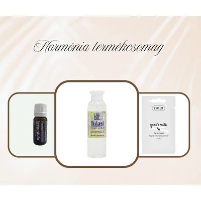 Harmónia nőnapi csomag (Fleurita illóolaj levendula 10ml + Tulasi tusfürdő levendula 250ml + Ziaja kecsketejes arcmaszk 7ml)